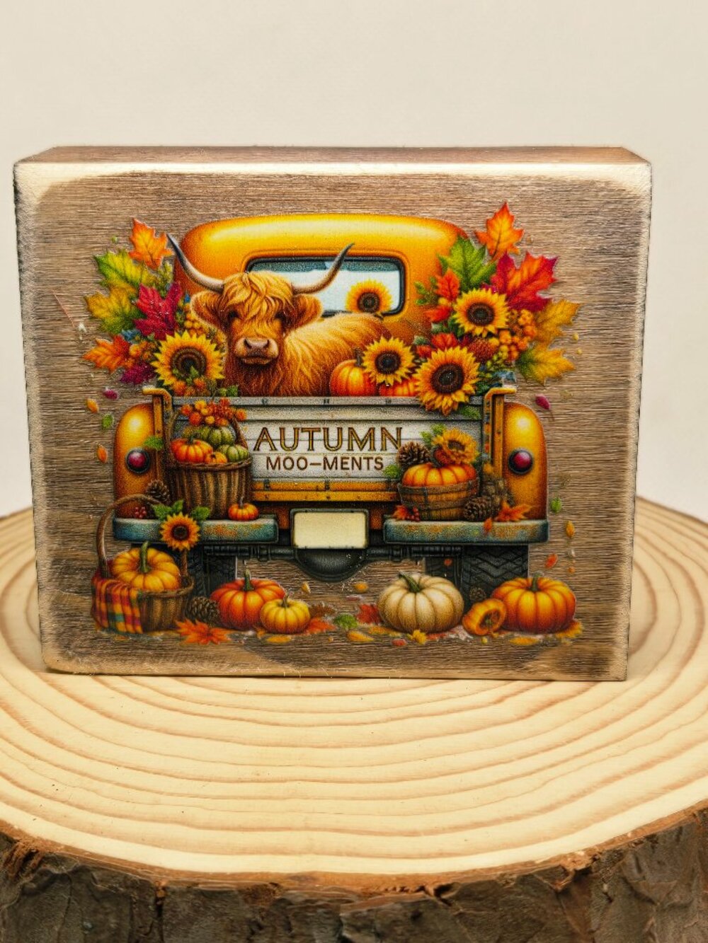 Handcrafted Decor, Mini Wood Sign, Vintage Truck & Pumpkins "Autumn Moo-Ments"